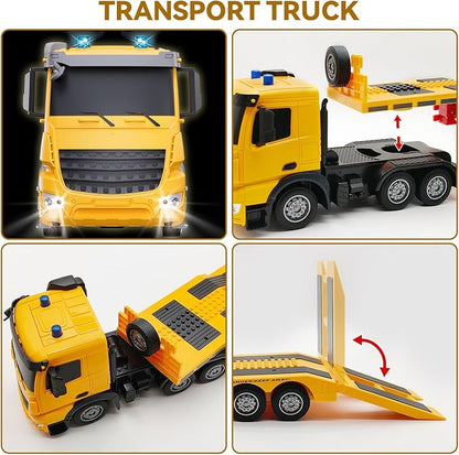 RC Semi-Trailer Truck with Excavator Toy Set - 1:12 Scale Remote Control Flatbed Truck and Excavator Toy for Kids 22.5 Inch with Lights &amp Music RC Construction Vehicle Toys for Boys 6-12 Years O