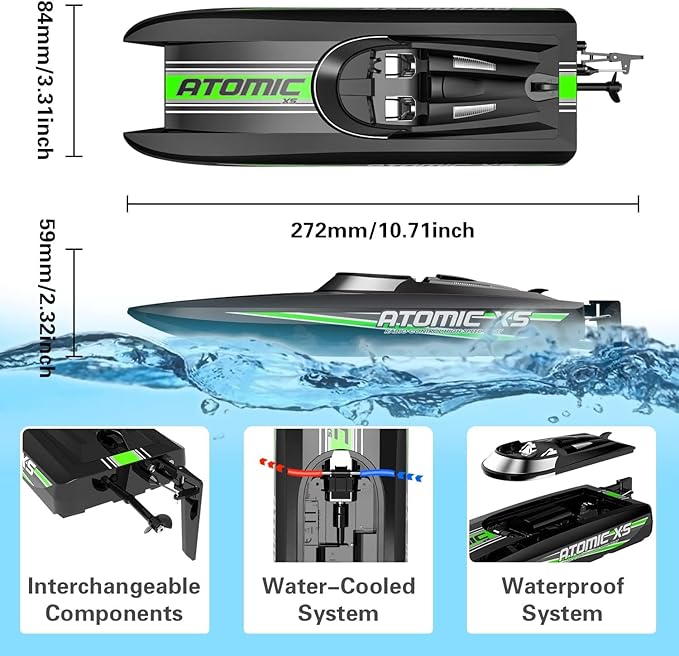 volantexrc Remote Control Boats for Pools and Lakes 20+MPH AtomicXS High Speed RC Boat for Adults Toy Boat Gifts with 2 Batteries &amp Reverse Function (795-5 Black)