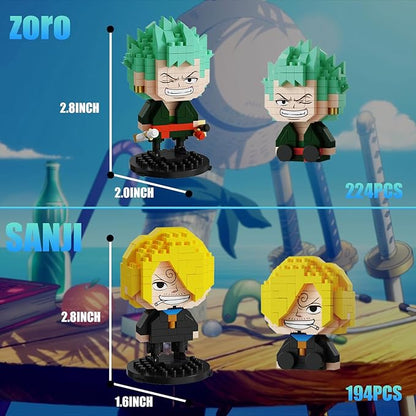 5 Pirate Figures Brick Mini Headz Building Toy 5 Cute Main Straw Hat Crew Pirate Figures Characters Merch Piece One Micro Blocks Set Ideal Valentine's Day Gift for Fans Adult Teen 14+ (1025PCS)