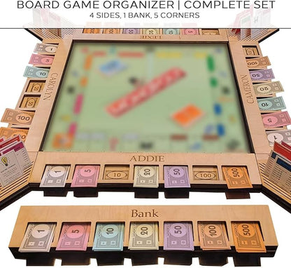 Custom Board Game Frame Personalized Game Board Organizer Compatible with Monopoly Board Game and Monopoly Game Pieces | Economic Themed Game Organizer | Complete Set | Ebony\