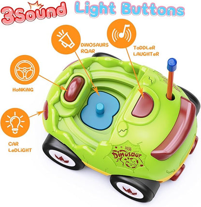 2 Pack Dinosaur Toys Remote Control Cars for Toddlers Ages 2 3 4 5 Christmas Birthday Gifts for 2-5 Year Old Boys Dinosaur RC Car Toys with Music and Lights (Green Blue)