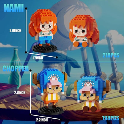 5 Pirate Figures Brick Mini Headz Building Toy 5 Cute Main Straw Hat Crew Pirate Figures Characters Merch Piece One Micro Blocks Set Ideal Valentine's Day Gift for Fans Adult Teen 14+ (1025PCS)