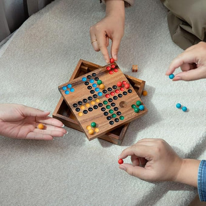 Premium Wooden Ludo Board Game – Handcrafted Travel-Size Game Set by SiamMandalay – 16 cm Compact Design with Dice &amp 16 Colorful Playing Pieces – Classic Strategy Game for Adults and Teenagers