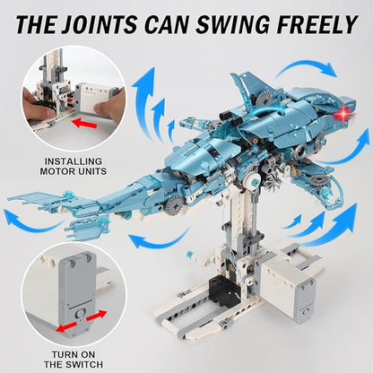 Mechanical Blue Dolphin Building Blocks Linkage Kit Sea Animal Model with Lighting Display Stand STEM Power Toy DIY Desktop Ornament for Kids &amp Adults Ages 12+ Birthday Gift Idea 888pcs