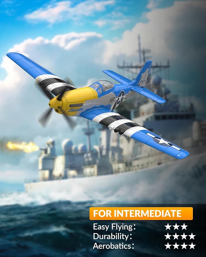 VOLANTEXRC RC Plane 4 Channel P51D Mustang Remote Control Airplane Fighter RTF with 6-Axis Gyro 3 Modes Easy to Fly 2.4GHz Radio Controlled Aircraft for Beginners &amp Adults (Blue)