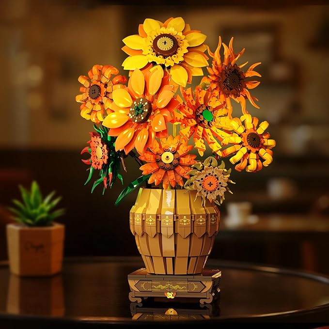 Sunflower Building Set with Lights Vase Base Flowers Botanical Collection Building Block Valentine's Day 1180PCS Art Bouquet Bonsai Plant Building Kit Gift for Adults Teens Girls Boys 12+