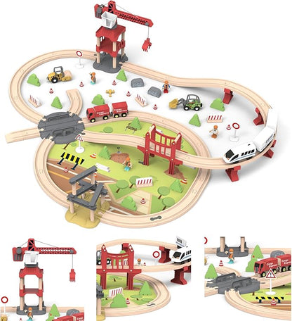 104 Pcs Wooden Train Set for Toddlers Magnetic Trains with Track for Kids Ages 3-6 Compatiable with Major Brands Construction Railway Playset Gifts for Boys and Girls Ages 3+