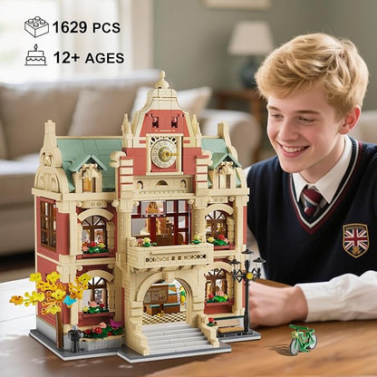 University Club House Building Set with Light1629PCS City Campus Architecture Model with Painting Drama Baking Music Club Home Decor Construction Building Block Gift for Adults Boys Girls 12+