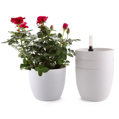 T4U 15CM Self Watering Plant Pots, Plastic Plant Pots Pack of 4, Self Watering Planter with Water Level Indicator, White Plant Pots Indoor Outdoor, Indoor Plant Pots for House Plants Flower Herb