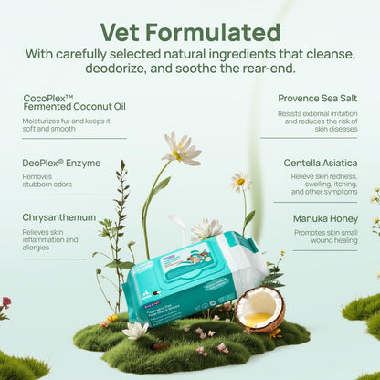 HICC PET Wipes for Dogs & Cats, Vet Recommended Cleansing Deodorizing & Soothing Allergy Infections Anal Gland Wipes with Coconut Oil, Dog Wipes for Cleaning Butt Paw, Remove Small Animal Coat Stain