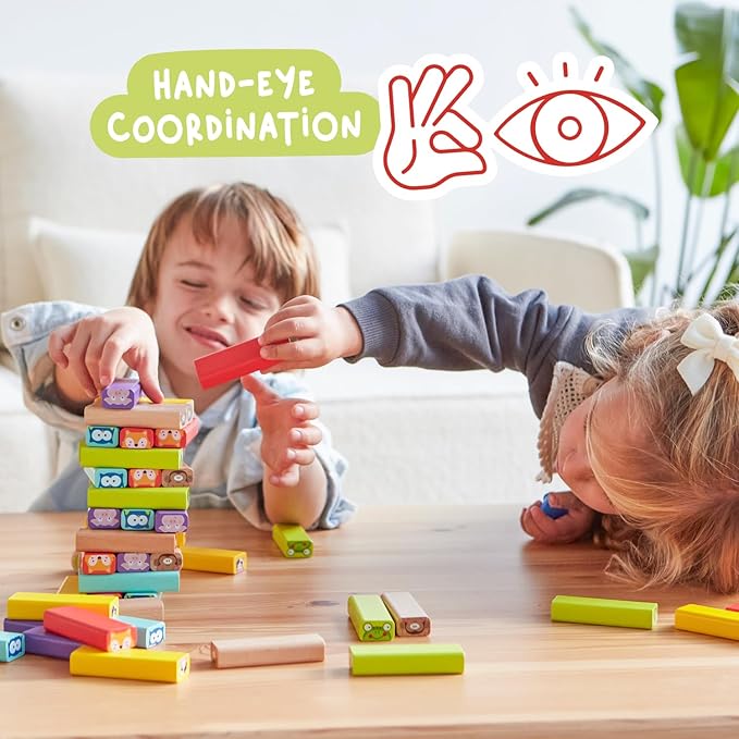 Nene Toys Wooden Tumble Tower Game with Animals &amp Colors 4-in-1 Educational Family Board Game for Kids Ages 3-9 Creativity &amp Cognitive Skills Booster - Gift for Boys Girls 3+ Years
