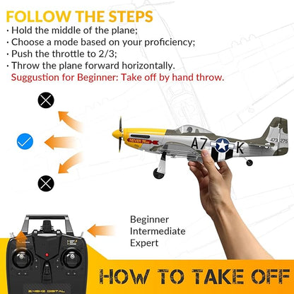 RC Airplane Brushless P51D Mustang RC Plane Ready to Fly Remote Control Airplane Fighter with 6-Axis Gyro 3 Flight Modes &amp Aerobatics 2.4GHz Radio Controlled Aircraft for Beginners Boys &amp Ad