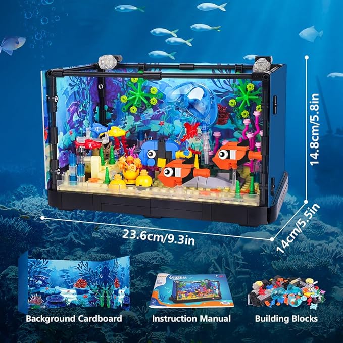 HOGOKIDS Fish Tank Building Set with LED Light - Movable Aquarium Building Toys for Adults Kids | 725PCS Creative Aquarium Toy with Jellyfish Fish Animal Educational Gift for Boys Girls Age 8-14