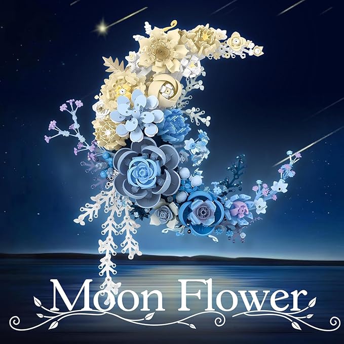Moon Flowers Building Blocks Set Botanical Collection Blossom for Wall Decor Creative Floral Building Kit Flower Bouquet Botanical Collection for Home Décor Gift for Adults Teens 934 PCS (Blue)