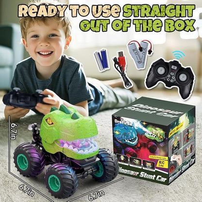 Dinosaur Remote Control Car for Kids Ages 3-5 6-12 Remote Control Monster Truck with Spray Light 360° Rolling&amp90° Driving All Terrain Dinosaur Toy for Boys Birthday Gift