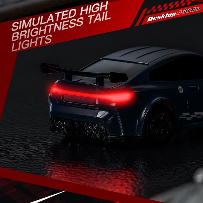 1:64 Scale Mini RC Drift Car 2.4GHz 4WD Full Proportional Model Vehicle with LED Lights Racing Sport Toy for Adults Teens (Black)