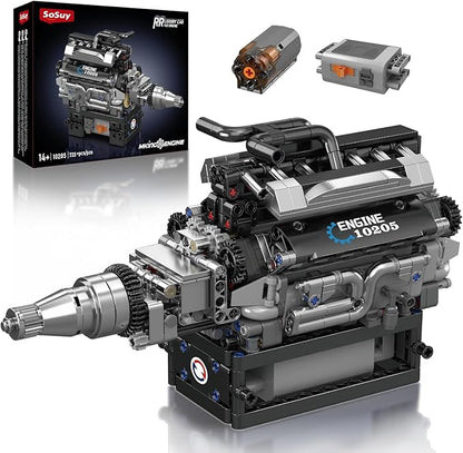 Sosuy RR V12 Motorized Engine Building Block Kit Electric Motor Drive Ultra‑Realistic Working Replica Model 733Pcs STEM Educational Engines Toy Birthday Christmas for Boy Kid Adult 14+