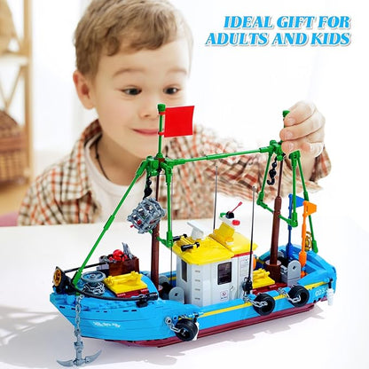 Fishing Boat Building Blocks Sets Pirate Ship Sea Fishing Building Block Toy Set Collection Show Creative Gifts Toys for Boys and Girl Ages 6-12 Years Old and up 645 PCS