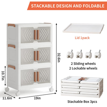 Fixwal 44QT Stackable Storage Bins with Lid, Closet Organizers and Storage with Lockable Wheels, Plastic Foldable Box Containers for Cabinet, Office, Bedroom Organization, 3 Pack Cubes