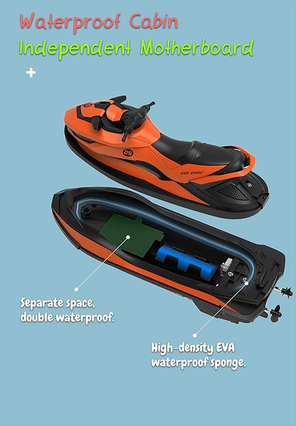 2.4 GHz RC Motorboat for Kids &amp Adults 10 km/h High-Speed Dual-Motor Electric Racing Jet Ski Toy 50 m Range 20 min Play Low-Battery Alarm Pool &amp Lake Ready (Orange)
