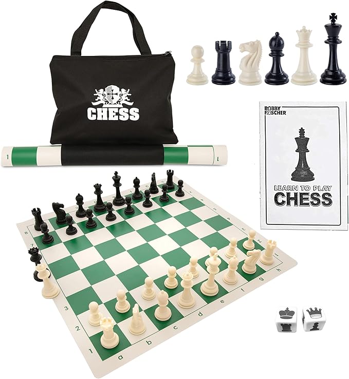 WE Games Chess Set - Tournament Style with 34 Pieces Vinyl Roll-Up Board Storage Bag &amp Equalizer Dice. Ideal for Adults