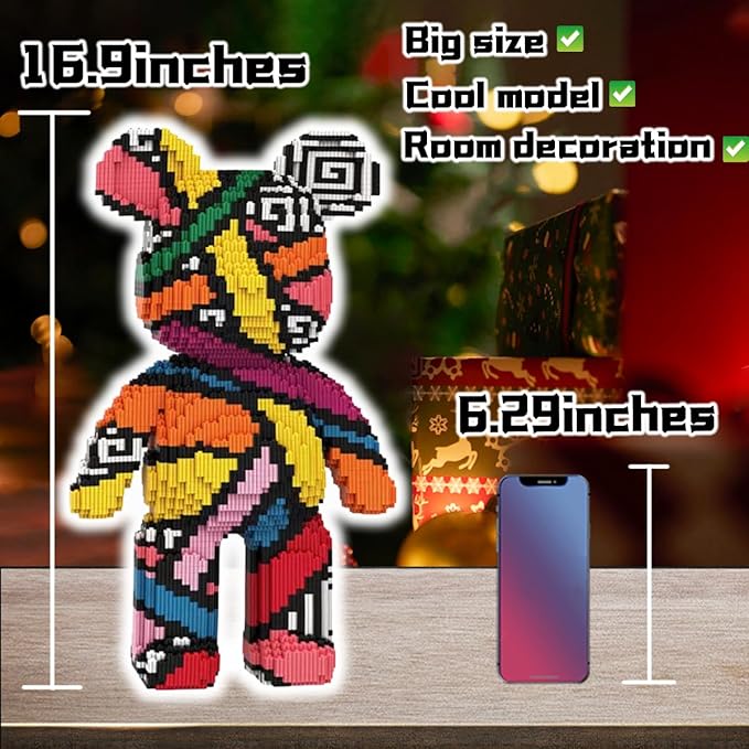 Rainbow Graffiti Teddy Bear Micro Building Blocks Set(16.9inches) Christmas Bear Building Blocks Winktoys Gift for Adult and Kid