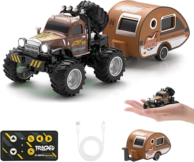 Snugzy Mini RC Car 1:64 Scale RC Truck for Kids with Trailer 2.4Ghz Remote Control Rechargeable RC Cars Toy Gifts for Boys Girls Adult (Brown)