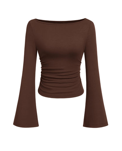 PRETTYGARDEN Women's Long Sleeve Shirts 2025 Fall Crop Going Out Tops Casual Boat Neck Bell Sleeve Ribbed Ruched Y2K Clothes