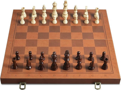 Magnetic Chess Set for Adult Kid 15.4 Leather Chess Board with Handmade Chess Piece Including 2 Extra Queens and Storage Slot Folding Portable Travel Chess Game for Beginner and Professional