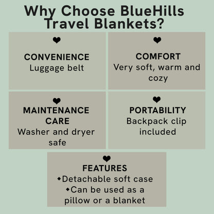 BlueHills Premium Soft Travel Blanket Pillow in Mini Soft Case Plush Airplane Blanket Compact Pack with Luggage Belt and Backpack Clip Long Flights Essentials Navy Blue M04