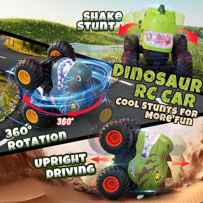 Remote Control Car for Boys 4-7 8-12 Dinosaur Monster Truck Toys with 50min+ Runtime Spray LED Light 360° Rotating &amp 90° Driving RC Stunt Car for Kids Birthday