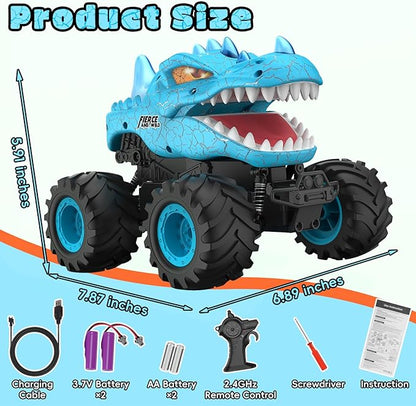 Dinosaur Remote Control Car 2.4GHz Monster Truck Toys Rechargeable RC Cars 1:24 Scale RC Truck with LED Light Movable Mouth Dinosaur Cars Toys for Kids Boys 6-8 8-12 Birthday Gift Blue
