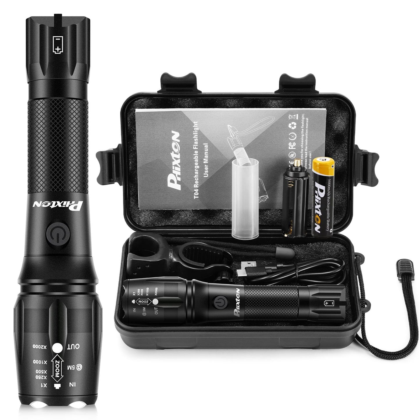 PHIXTON Rechargeable Flashlights High Lumens, USB C Chargeable LED Flashlight, Bright Strong Handheld Flash Lights, Long Lasting, Adjustable Focus, 5 Modes, for Emergencies Hiking Gift