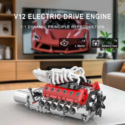 Mould King V12 Engine Model Kit That Runs - Motorized Mini Engines Building Blocks Set with Gearshift &amp Battery DIY Mechanic Engineering Kit Car Construction STEM Toy for Adults &amp Teens (136