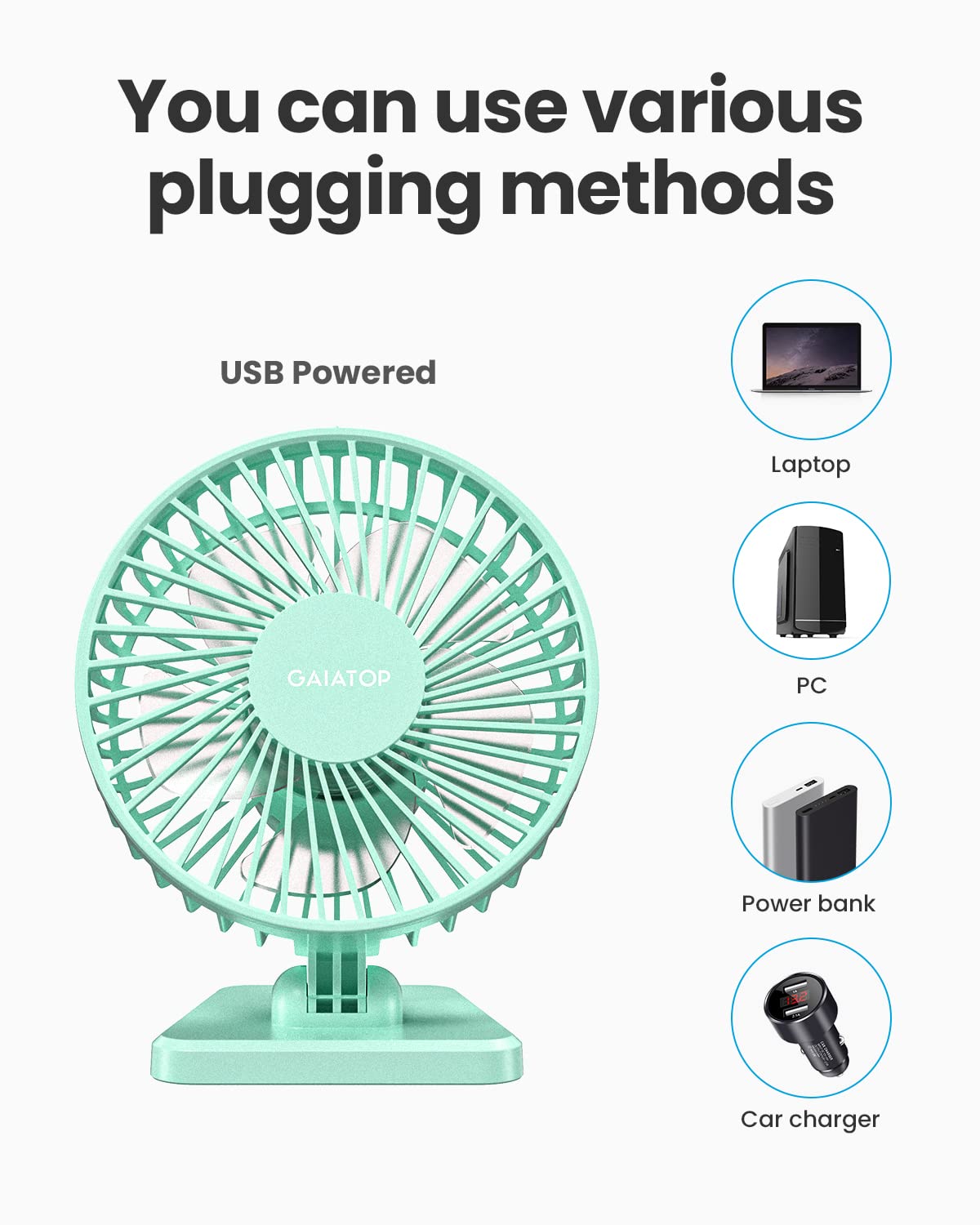 Gaiatop USB Desk Fan, Small But Powerful, Personal Portable Quiet 3 Speeds, Adjustable Mini Table Desktop fan for Cooling Home Office Car Summer Travel Gifts Green