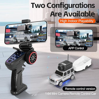 GoolRC WLtoys 6406-C Mini RC Car 2.4GHz 1:64 Scale FPV Remote Control Car with Camera 720P APP Control Rear Drive Vehicle with 2 Trailers and LED Lights for Adults (Silver)