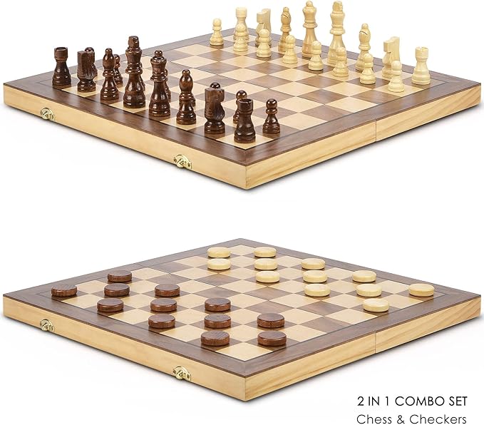 AMEROUS 15'' Magnetic Wooden Chess &amp Checkers Game Set -2 Extra Queens -24 Cherkers Pieces - Chessmen Storage Slots Beginner Chess Set for Kids and Adults Classic 2 in 1 Board Games