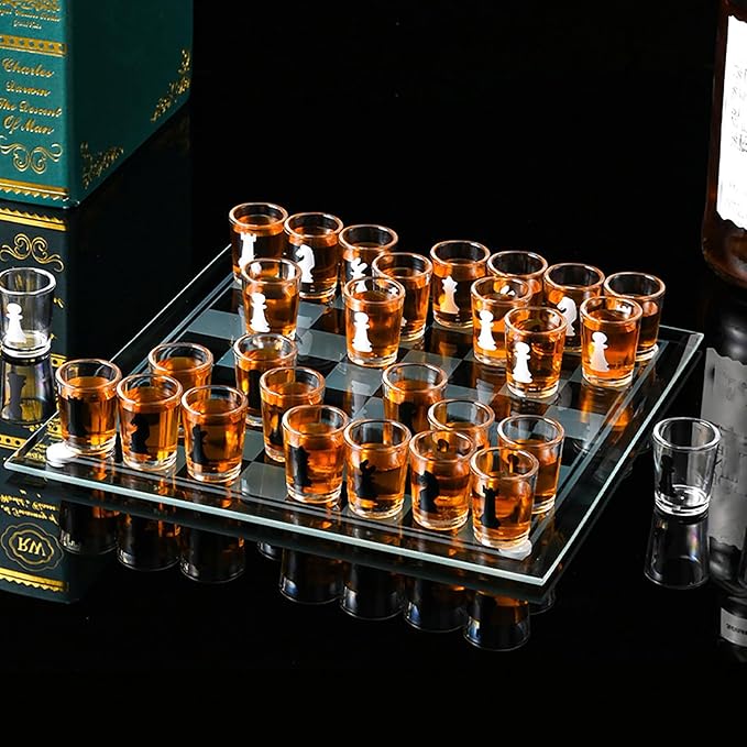Shot Glass Chess Set – 13.78 Chess Board with 32 Mini 1.89 Shot Glass Pieces Fun Drinking Chess Game for Adults Party Game &amp Novelty Gift