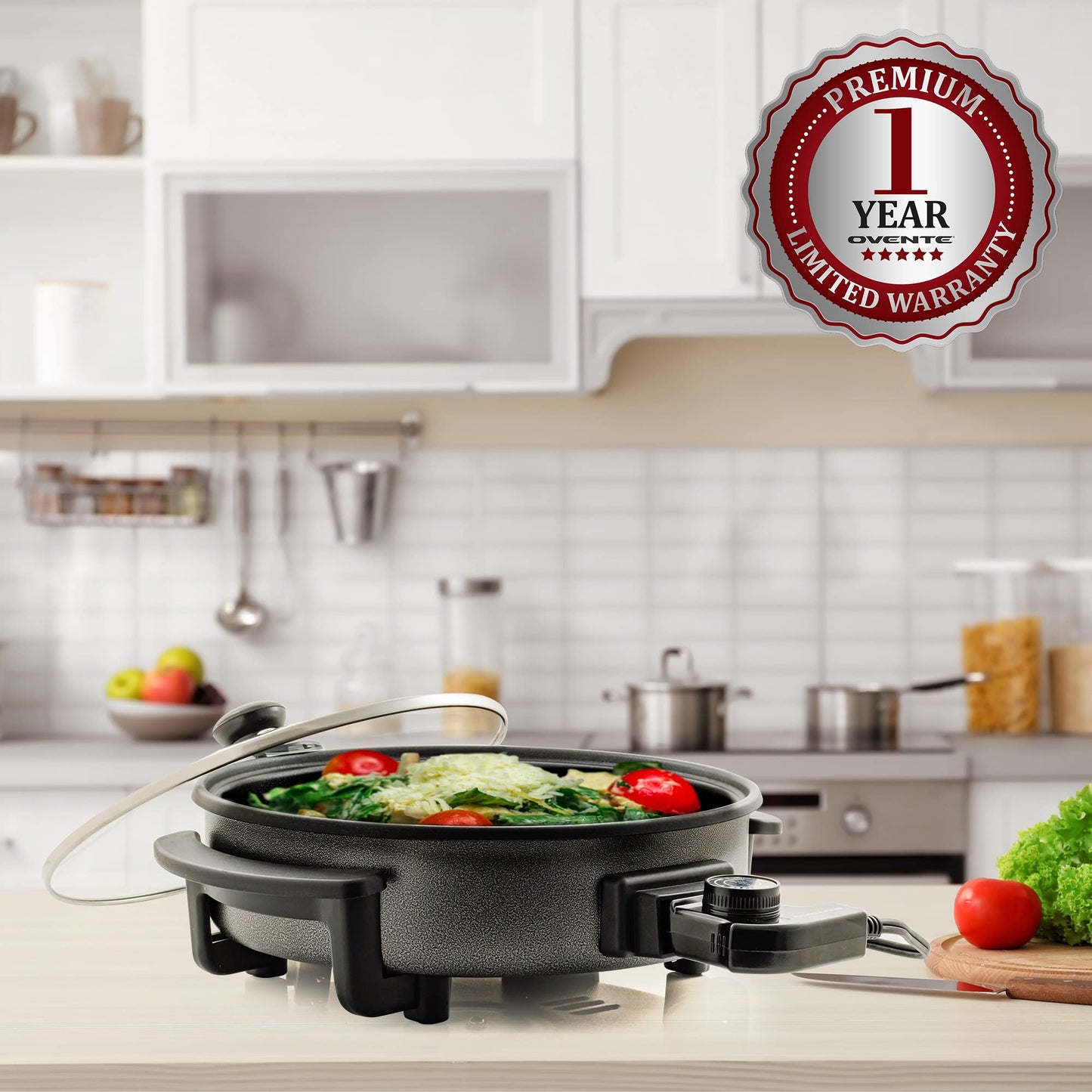 OVENTE 12 Inch Electric Skillet and Frying Pan with Nonstick Coating, 1400W Power, Adjustable Temperature Control, Tempered Glass Lid with Vent and Cool Touch Handles, Black SK11112B