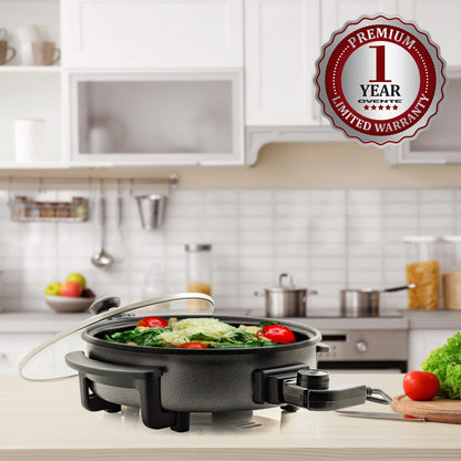 OVENTE 12 Inch Electric Skillet and Frying Pan with Nonstick Coating, 1400W Power, Adjustable Temperature Control, Tempered Glass Lid with Vent and Cool Touch Handles, Black SK11112B