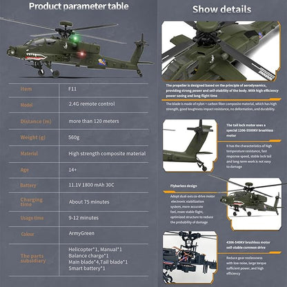 YUXIANG F11 AH64 RC Helicopter for Adults for AH64 Apache 1/32 Scale 2.4G 6CH 6G/3D Stunt Remote Control Military Aircraft Toys with 6-Axis Gyro &amp 2 Brushless Motor &amp Lights - RTF