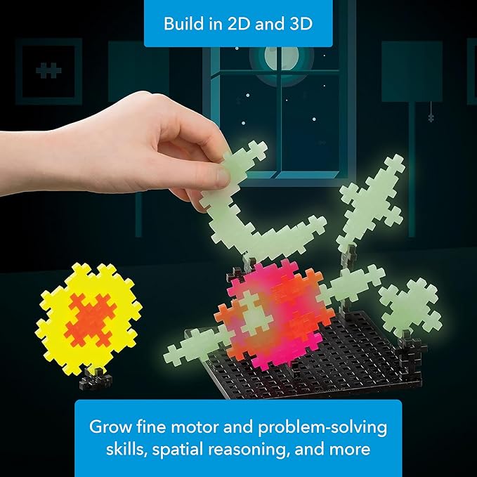 PLUS PLUS Building Set with Travel Case 3D Open Ended Stem Toy for Kids 100 Mini Interlocking Pieces 1 Baseplate - Glow Mix