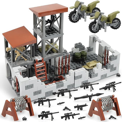 Finger Rock Military Base Building Block Set WW2 Army Mini War Accessories Kits Military Ruins Guard Tower Guns Army Supplies Block Toy for Teens Adults 14+
