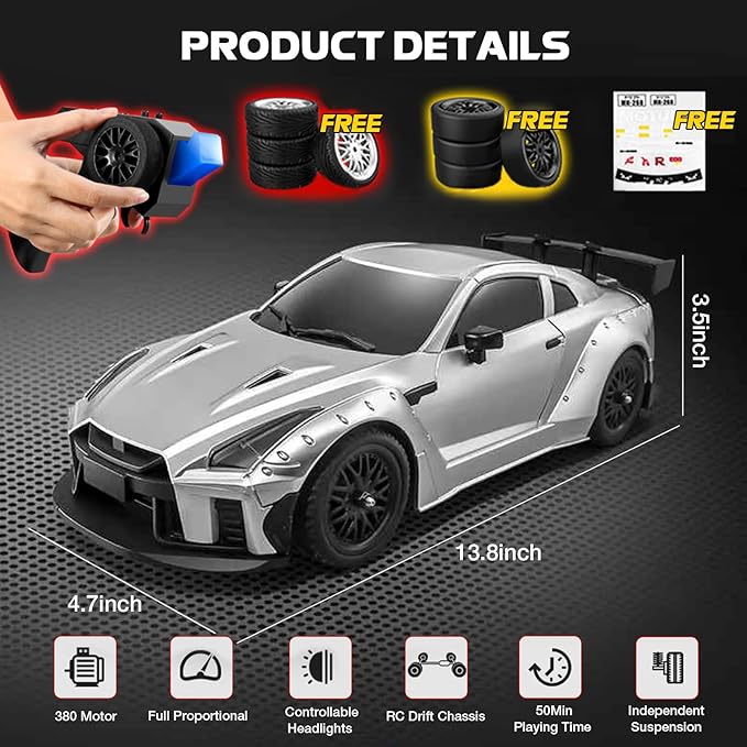 1/16 Scale RC Drift Car MN-268 RWD Mini RC Vehicles Model with Gyro Spare Tires &amp LED Lights for Adults Hobby Toy Gifts (Black)