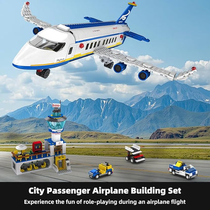 City Passenger Airplane Building Set 886 Pcs STEM 6 in 1 Airport Passenger Plane Building Block Toy with Terminal Shuttle BusLuggage CartChristmas Birthday Gifts for Boys Girls Ages 6-12+