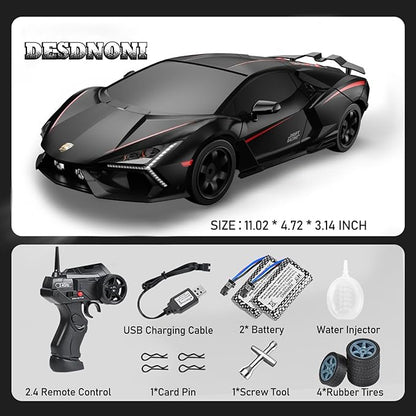 Remote Control Car RC Drift Car 1:16 Scale 4WD 18KM/H High Speed Model Vehicle 2.4GHz with LED Lights Spray Rubber Tire Racing Sport Toy for Adults Boys Girls Kids Gift 2Pcs Rechargeable Batteries