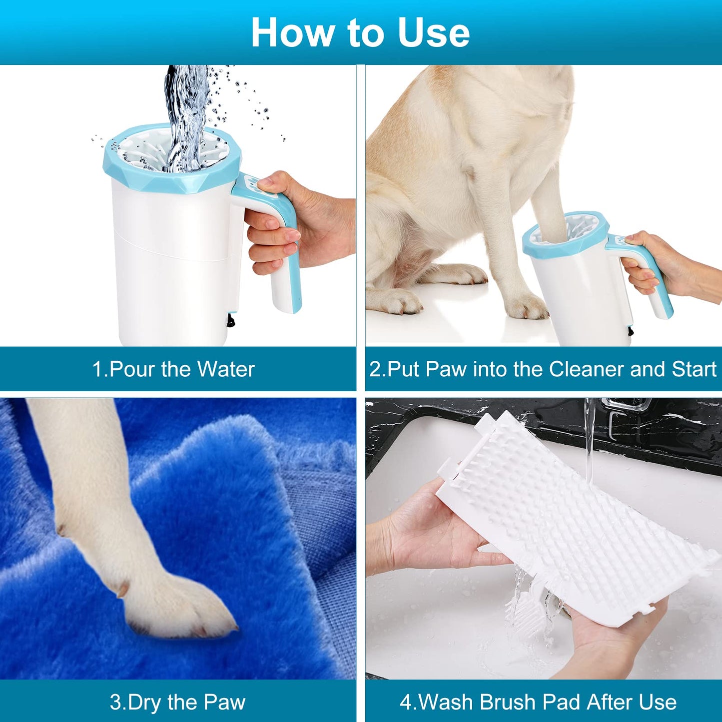 Rechargeable Automatic Dog Paw Cleaner, Dog Paw Washer Cup, 2 in 1 Portable Pet Paw Cleaner with Soft Silicone Brush, 7.4V High Power, Dog Foot Washer Suitable for Big Dog and Cat Grooming (Blue)