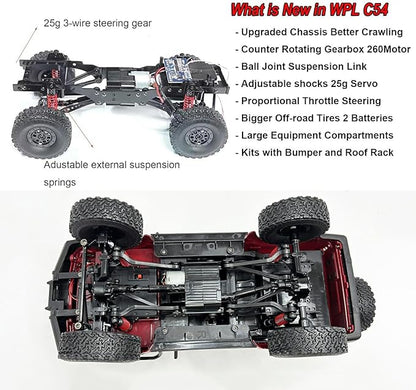 RC Rock Crawler 4x4 RC Truck WPL C54 1/16 RC Crawler RTR Remote Control Truck Off Road 2.4G All Terrain with Proportional Steering 260 Motor New Gearbox Upgraded Chasis and Shock