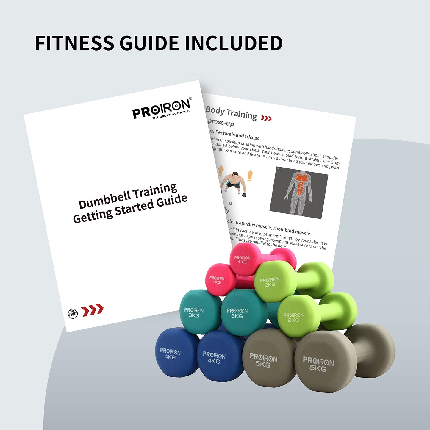PROIRON Dumbbells Anti-Slip Neoprene Dumbbell Soft-Touch Grip Hand Weights Home Gym Exercise Women Men Arm Pilates Dumbbells in 1kg 1.5kg 2kg 3kg 4kg 5kg 8kg 10kg Pair
