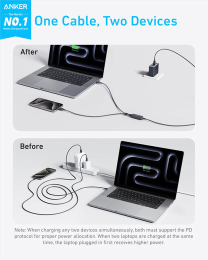 Anker Cable,6FT 2-in-1 USB C to USB C Cable 140W Max,Fast Charging for iPhone 16/16 Pro Max/15 Series,MacBook Air/Pro,and More(Braided,Black)